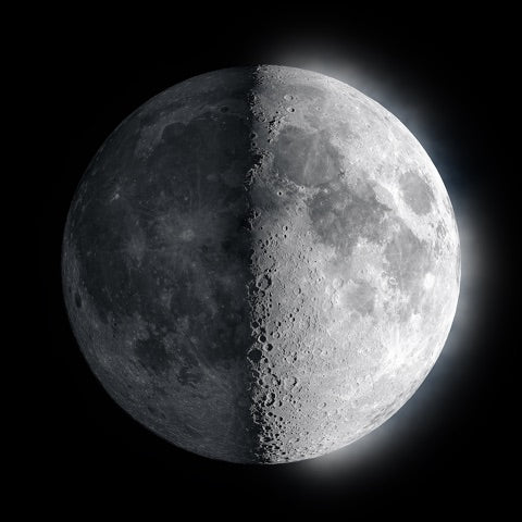 A half-lit moon, more upright, as it looks further from the equator.
